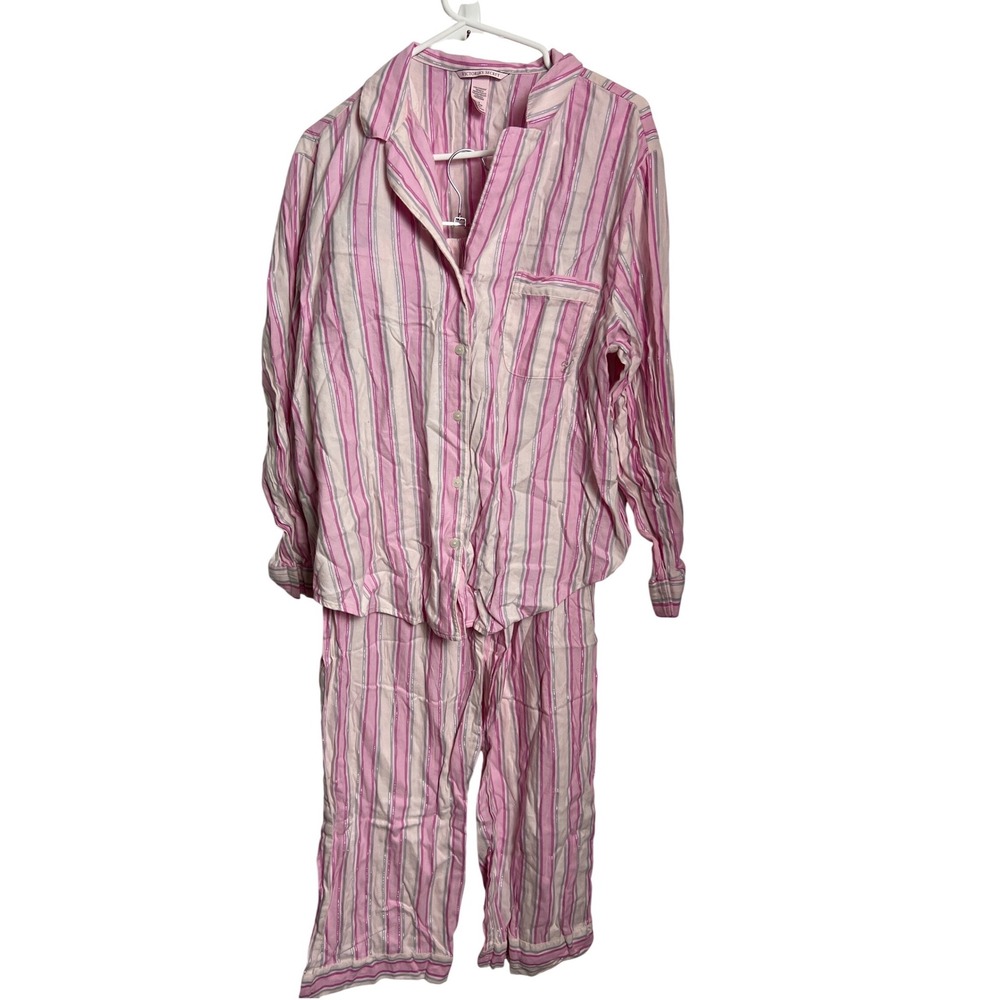 Victoria's Secret Pink Striped Silver Metallic Pajama Set Large L Long Sleeve